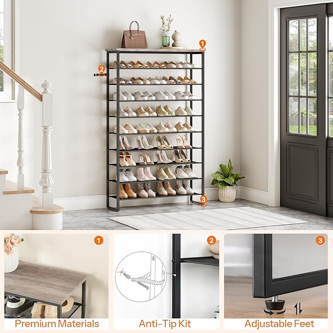 HOOBRO 10-Tier Shoe Rack for Entryway, 39.4" L Shoe Storage Organizer, Large Capacity Shoe Shelf for Closet, Front Door Entrance, Hallway, Holds 45-50 Pairs of Shoes, Greige and Black BG171XJ01
