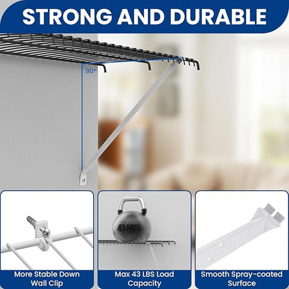 12 Inch Wire Shelf Support Brackets Kit, Includes 2 Wire Rack Support Brackets and 5 Down Wall Clips, 7 Screws and 7 Expansion Tubes for Shelves, Closet, Wardrobe, Ledge Installation