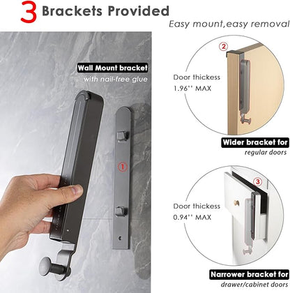 Folding Clothes Drying Rack with 3 Brackets for Over The Door and Wall Mount, All Metal Laundry Dryer Rack with Retractable Rod for Towel, Fit Doors Thickness from 0.59in to 1.96in (Space Grey)