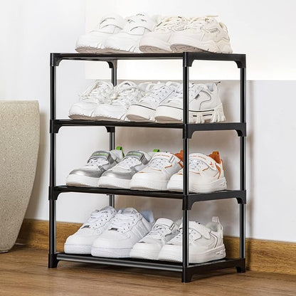 Stackable Small Shoe Rack for Closet 4 Tier, Sturdy Shoe Rack Organizer for Front Door Entrance and Entryway, Free Standing Metal Shoe Shelf Storage for Closet Bedroom Garage Black