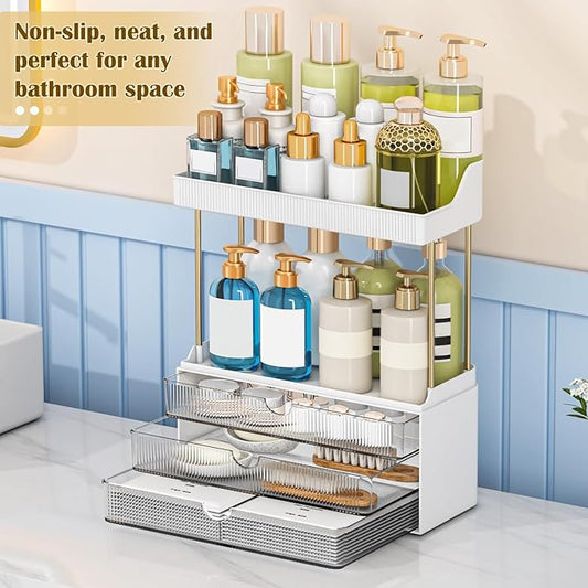 Bathroom Organizers and Storage - 3 Drawers 2 Tier Makeup Organizer, Cosmetic Storage Drawer for Dresser Countertop and Bathroom Vanity for Large Skincare, Perfume, Grey