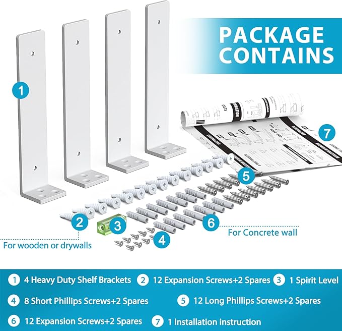 Goovilla Heavy Duty Floating Shelf Brackets, 8 Inch, 4 Pack, White, Steel, Wall Mount