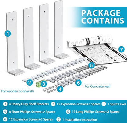 Goovilla Heavy Duty Floating Shelf Brackets, 8 Inch, 4 Pack, White, Steel, Wall Mount