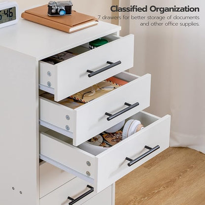 HOOBRO 7-Drawer File Cabinet, Wooden Office Cabinet with Drawers, Mobile Storage Filing Drawer for Home Office, Study, Easy Assembly, White WT07WJ01