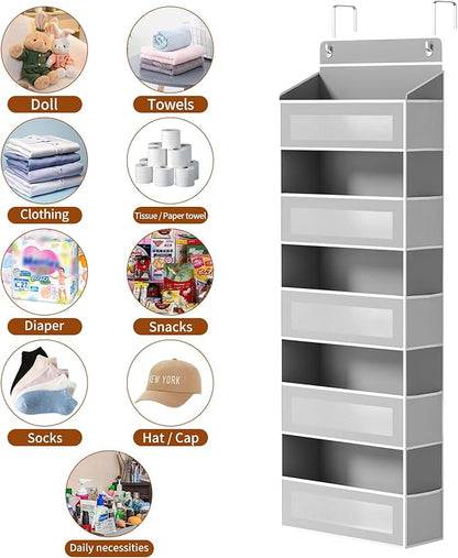 Over The Door Organizer, Over the Door Storage with 5 Large 10 Side Pockets, Hanging Door Organizer 44 lb Load Behind Door Storage, Hanging Shelf for Closet Wall Bedroom Bathroom Nursery, 5-Tier Grey