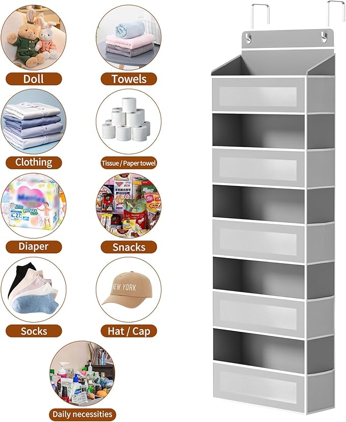 AQOOA Over The Door Organizer Storage, Hanging Door Organizer with 5 Large Capacity Pockets (Grey)