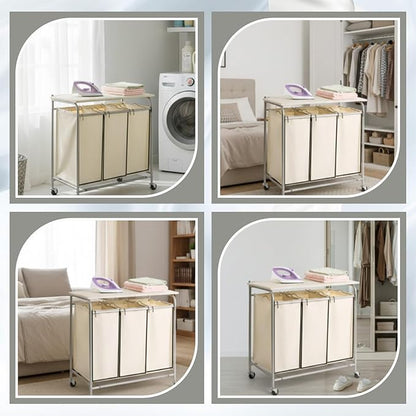 3 Pack Large Laundry Sorter Replacement Bags, Hamper Cart Removable Replacement, Laundry Storage Organizer-Replacement Bags, Beige, Square Shap