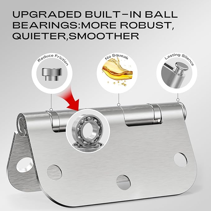 Brushed Nickel Door Hinges 12 Pack 3.5 Inch 5/8" Radius Round Satin Nickel Interior Ball Bearing Hinges with 5/8" Radius Corners Squeak-Free Silver Hardware