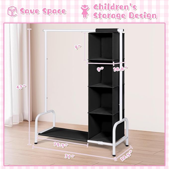 Univivi Kids Dress Up Rack with Hanging Organizer, Kids Wardrobe Closet for Hanging Clothes, Short Toddler Dress Up Storage Rack for Baby Clothes, Dance Costumes, Black/White