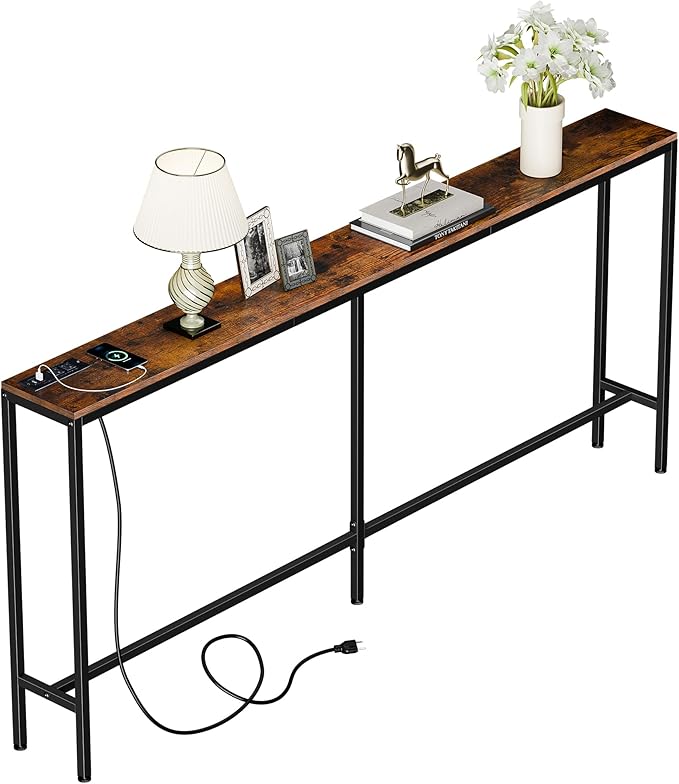 Nouva 70 Inch Narrow Console Table with Outlet, Sofa Table with Charging Station, Behind Couch Table with Metal Frame for Living Room, Rustic Brown