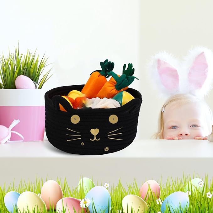 Zopeal Cat Basket Storage Woven Organizer with Ears Easter Decorative Gift Pet Toy Cute Cotton Rope Basket for Gift Cat Dog Toy Bin Nursery Room(8.3 x 4.7 Inch,Black)