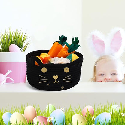 Zopeal Cat Basket Storage Woven Organizer with Ears Easter Decorative Gift Pet Toy Cute Cotton Rope Basket for Gift Cat Dog Toy Bin Nursery Room(8.3 x 4.7 Inch,Black)