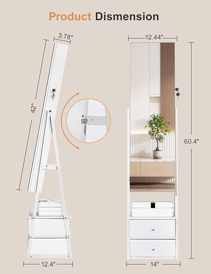Nicetree Jewelry Cabinet Armoire with 2 Drawers, Lockable Standing Mirror Jewelry Cabinet, Full Length Mirror with Jewelry Storage, Christmas Gifts, White