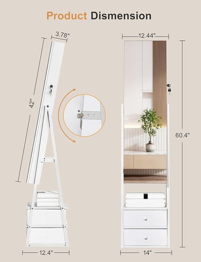 Nicetree Jewelry Cabinet Armoire with 2 Drawers, Lockable Standing Mirror Jewelry Cabinet, Full Length Mirror with Jewelry Storage, Christmas Gifts, White