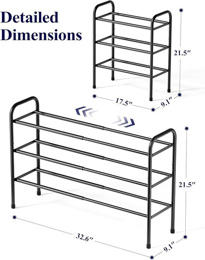 Kitsure Extendable Shoe Rack - 2-Tier Adjustable Metal Shoe Organizer, Sturdy Rust-Resistant Shoe Shelf for Entryway, Closet, or Bedroom, 17.5"–32.6" x 9.1" x 21.5", Black