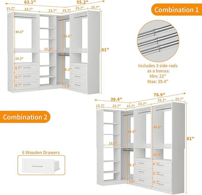 Closet System with 6 Drawers, Corner Closet Organizer Systems with 8 Shelves & 7 Hanging Rods L-Shaped Walk in Closet Freestanding Corner Tower Modular Storage System 3 Sets 2100+ Lbs Capacity White
