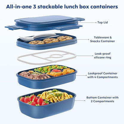 Stackable Bento Box Adult Lunch Box, Large Capacity 1900ml Lunchbox with Utensil Set, Leak-Proof for Dining Out, Work, Picnic, School