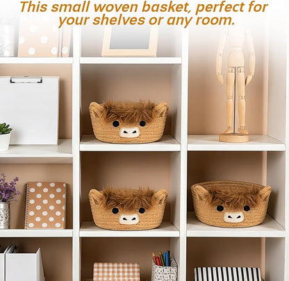 3 Pack Small Highland Cute Cow Storage Baskets for Organizing,Woven Decorative Gift Basket, Nursery Shelves Rope Cotton Storage Bins for Gifts Empty, Mini Burr Baby Shower with Handles,7 IN