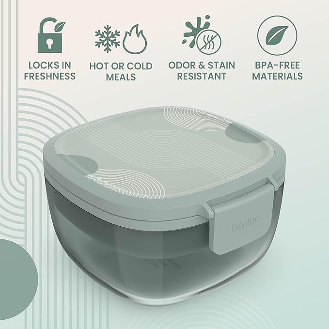Bentgo Glass Prints Salad Container - 7.6-Cup Tinted Glass Salad Bowl with Airtight Lid, Leak-Proof Sauce Container, 4-Compartment Bento Meal Prep Tray & Reusable Fork (Mod Curve - Serene Green)
