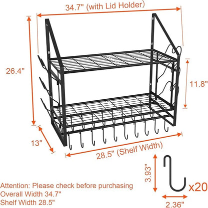 28 Inch Pot Rack Wall Mounted, 2 Tier Pots and Pans Organizer with 20 Hooks and 6 Pot Lid Holders, Heavy Duty Steel Pot and Pan Hanger for Kitchen Cookware Utensils Storage 34.7" Lx13 Wx26.4 H