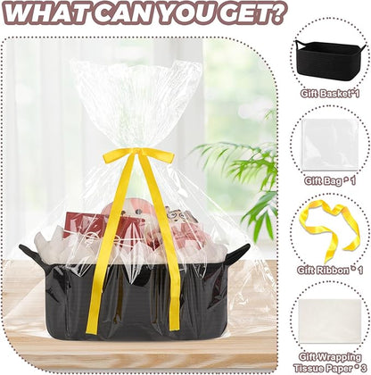Basket for Gifts Empty, Woven Storage Basket with Gift Bag, Ribbon and Wrap Tissue Paper, Small Rope Toy Storage with Handles for Baby Shower, Dog Toy Organizer, 13.6" x 10" x 5.9”