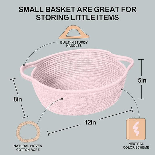 Small Woven Gift Basket, Baskets for Gifts Empty, Cotton Rope Cat Dog Toy Box, Nursery Baby Organizer with Handles, Cute Wicker Storage Bin for Home Decor, Light Pink, 12"x 8"x 5"