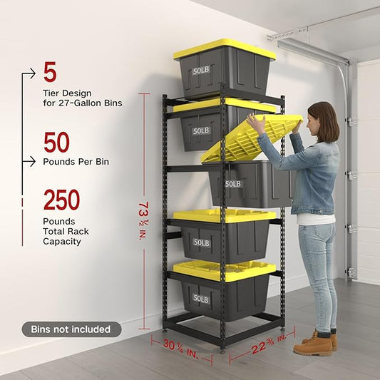 27 Gallon Tote Storage Rack, Heavy-Duty Storage Bin Rack Organizer, 5-Tier Standing Storage Bin Shelves, 250 lb Capacity, Maximize Space for Garage, Warehouse, Utility