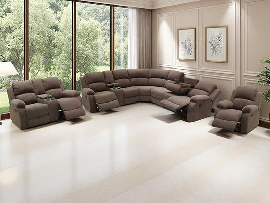 Corduroy Sectional Sofa Couch, Living Room Furniture Sets, 5PCS Brown Reclining Sectional Sofa Set with and Loveseat Chair with 5 Recliner Seats, Drop-Down Table, Cup Holders, Storage Console