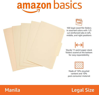 Amazon Basics Sturdy Manila File Folders, 1/3 Tabs in Assorted Positions for Filing and Easy Labeling, Legal Size, 8.5 x 14 inch, 100-Pack