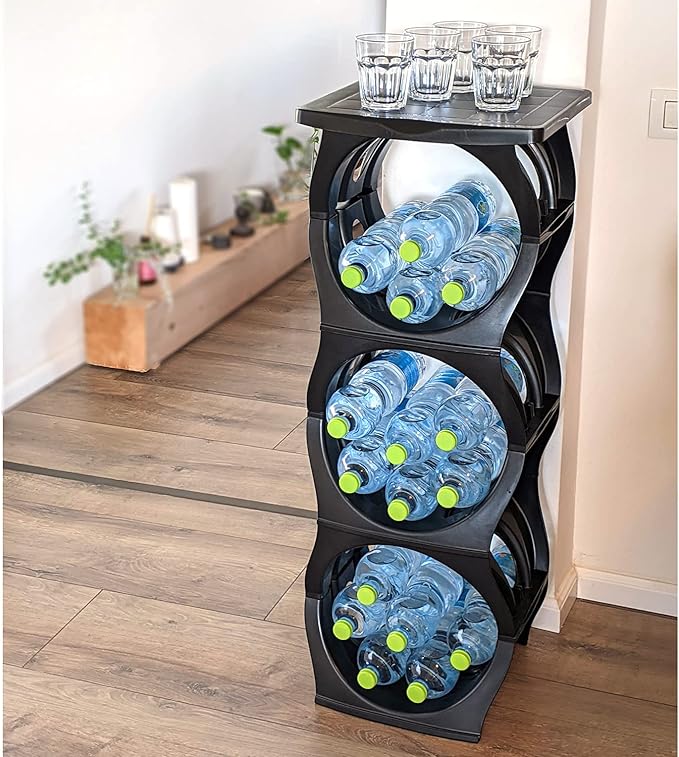 Bariboo Stackable Water Bottle Storage Rack Best Water Jugs 5 Gallon Organizer. Jug Holder for Kitchen, Cabinet and Office Organizing. Reinforced Polypropylene (Black, 3 Plus Shelf)