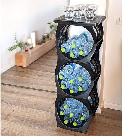 Bariboo Stackable Water Bottle Storage Rack Best Water Jugs 5 Gallon Organizer. Jug Holder for Kitchen, Cabinet and Office Organizing. Reinforced Polypropylene (Black, 3 Plus Shelf)