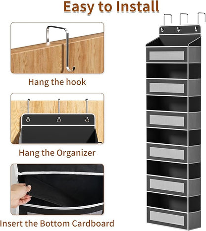 Over The Door Organizer with 6 Large Pockets, Over the Door Storage 12 Side Pockets, Hanging Door Organzier 44 lb Load Behind Door Storage Hanging Shelf for Closet Wall Bathroom Nursery, 6-Tier Black