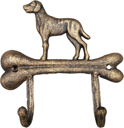 Dog Leash Holder, Cast Iron, Antique Bronze, 2 Hooks, Wall Mount, 6.9x6.9x1.8 inches, AR001
