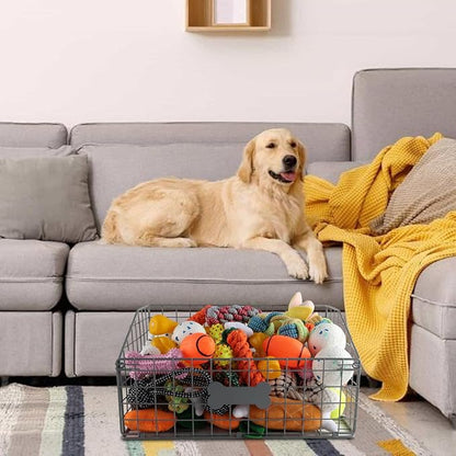 Geyecete Toy box for dogs large Dog Toy organizer Pet wire folding basket dog toy container dog toy box -Can be Personalized-Cat and Puppy-Gray