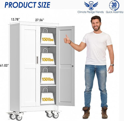 Metal Garage Storage Cabinet with Lock, 61” Tall Lockable File Cabinet with Wheels, Steel Tool Cabinet with 2 Door and 3 Adjustable Shelves, Rolling Cabinet for Home Office Garage Gym - White
