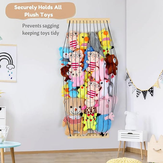 Stuffed Animal Storage Wood Soft Toy Organizer for Kids Room，Cute and Durable Wall or Door Mount Length Adjustable Hanging Stuffed Animal Toy Organizer Shelf for Nursery Play Room Black -Patent