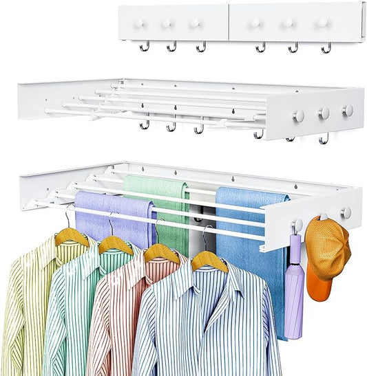 Drying Rack Clothing,Clothes Drying Rack Wall Mounted,Laundry Drying Rack Wall Mount,Foldable,Collapsible,60 lb Capacity 5 Aluminium Poles with 6 Hooks (White, 31" Upgrade)