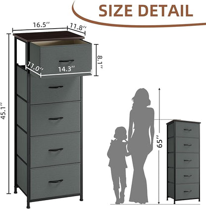 Somdot Tall Dresser for Bedroom with 5 Drawers, Storage Organizer Chest of Drawers with Removable Fabric Bins for Closet Bedside Living Room Laundry Entryway Hallway, Charcoal Grey