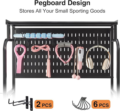 56'' Taller Home Gym Storage Organizer, Yoga Mat Storage Rack with Hanging Board, Exercise Workout Equipment Storage Stand for Home Gym, Dumbbell Holder Kettlebell Rack with Wheels and Hooks