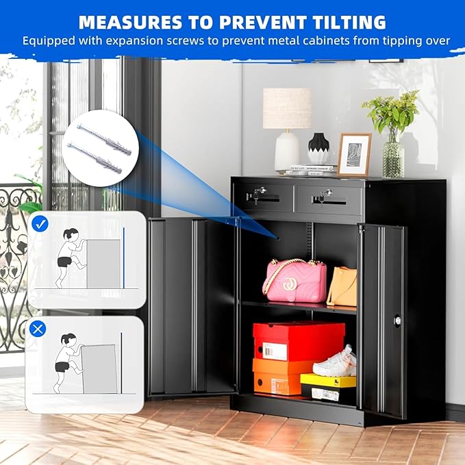INTERGREAT Metal Garage Storage Cabinets with Lock,Steel Storage Cabinet with 2 Doors and 2 Adjustable Shelves, Small Lockable Office Steel Cabinet for Home, Warehouse, School(Black)