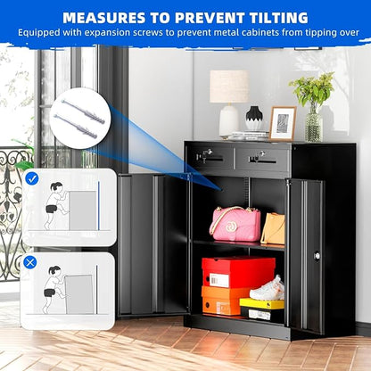 INTERGREAT Metal Garage Storage Cabinets with Lock,Steel Storage Cabinet with 2 Doors and 2 Adjustable Shelves, Small Lockable Office Steel Cabinet for Home, Warehouse, School(Black)