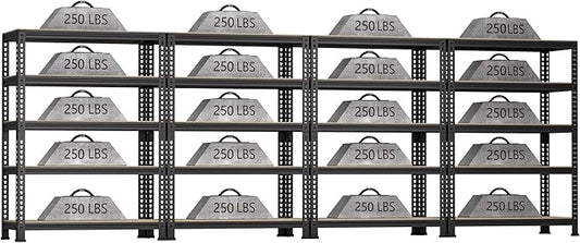 5-Shelf Heavy Duty Shelving - Adjustable Garage Storage Shelves, Metal Utility Storage Racks for Warehouse Pantry Basement Kitchen, Garage Organizers Shef Unit, Black, Packs of 4