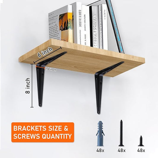 ELSKER&HOME 16 Pack Shelf Brackets 8 Inch, Floating Shelf Bracket for Wood, Black Metal L Bracket for Shelves Support, Wall Mount Corner Brace