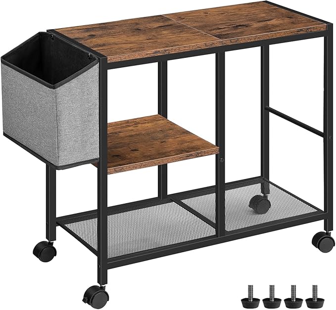 Printer Stand with Storage Bag, 3-Tier Mobile Under Desk Printer Cart with Wheels, Wood Rolling Printer Table, Organizer Shelf for Study, Office, Living Room, Rustic Brown PTHR2201