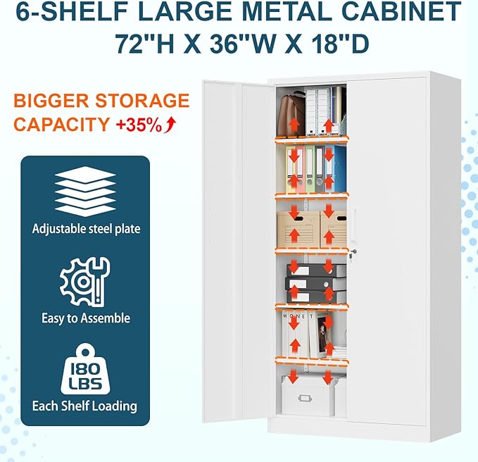 MIIIKO 72" White Metal 5-Shelf Cabinet with Locking Doors, 36" Wide Snap-Latch Steel Cabinet for Home Office, Pantry, School