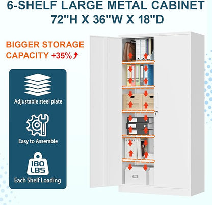 MIIIKO 72" White Metal 5-Shelf Cabinet with Locking Doors, 36" Wide Snap-Latch Steel Cabinet for Home Office, Pantry, School