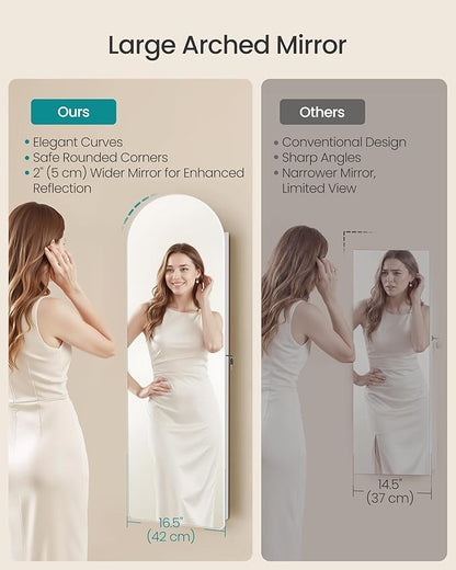 SONGMICS Wide Jewelry Organizer, LED Jewelry Cabinet Wall/Door Mounted, Arched Mirror with Storage, Lockable, Rounded Corner, Interior Mirror, 3.9 x 16.5 x 55.1 Inches, Cloud White UJJC040WB01