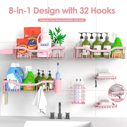 Shower Caddy Adhesive Shower Organizer 8-Pack, Rustproof Stainless Steel Bathroom Shelves, Large Capacity No-Drill Rack Storage Accessories with Soap Dish Toothbrush Holder Hooks