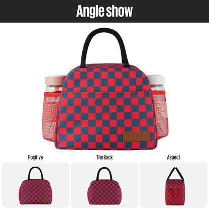 Lunch Bag Women/Men Lunch Box Women/Men (Dark blue+Red Checkerboard)