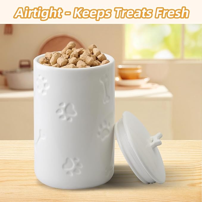 Dog Treat Container Airtight - 9"x5" Large Ceramic Dog Treat Jar for Kitchen Counter, White Dog Cookie Jar with Lid - Farmhouse Style Dog Food Storage Container for Dogs, Cats, Pets